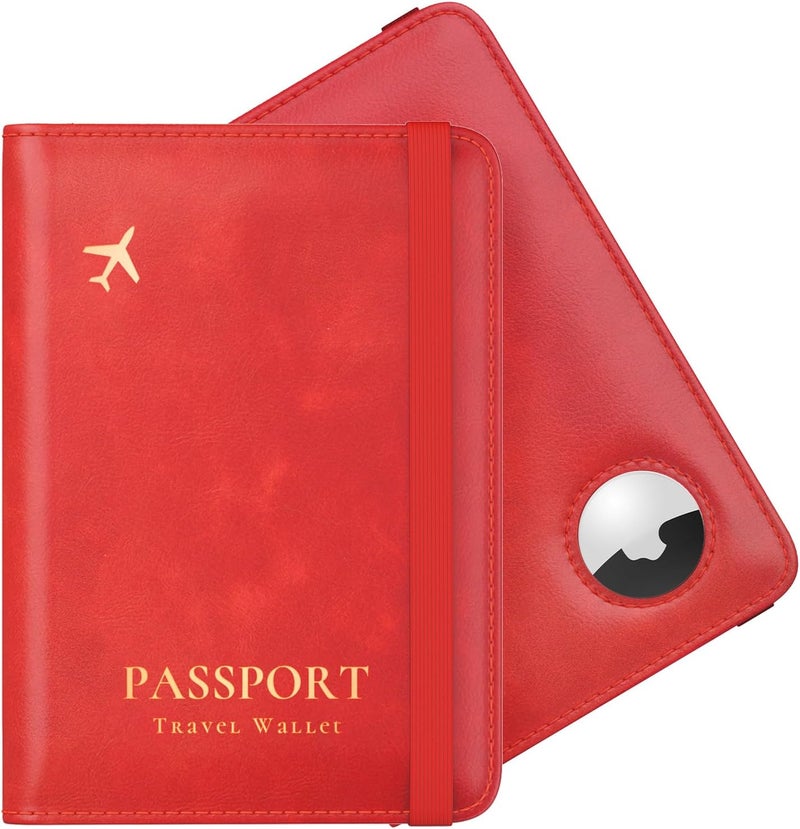 Stouchi AirTag Passport Holder, Simple Passport Holder with Airtag Slot, RFID Passport Wallet Cover for Women, Family Leather Passport Protector Case, Anti-Lost Travel Accessories, Red - Image 1